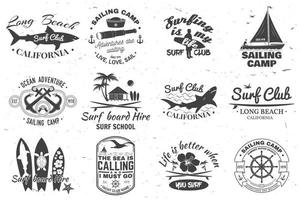 Set of sailing camp, yacht club and surf club badges. Vector. Concept for shirt, print, stamp. Vintage typography design with surfboard and sailing boat silhouette. Extreme water sport. vector