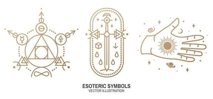 Esoteric symbols. Vector. Thin line geometric badge. Outline icon for alchemy or sacred geometry. Mystic and magic design with philosopher stone, old sword, hand, stars, planets and moon. vector