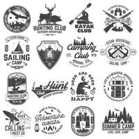 Summer camp, hunting club, sailing camp, yacht club, canoe and kayak club badges. Vector. Concept for shirt or logo, print, patch. Design with camper, kayaker, hunter, sailing camp silhouette vector