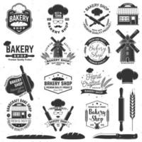 Set of Bakery shop badge. Vector Concept for badge, shirt, label, print, stamp, tee. Design with windmill, rolling pin, dough, wheat ears silhouette. For restaurant identity objects, packaging, menu