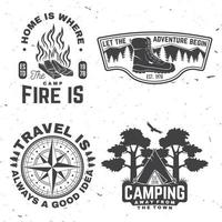 Set of outdoor adventure quotes symbol. Concept for shirt or logo, print, stamp or tee. Vintage design with hiking boots, camping tent, campfire, compass and forest silhouette. vector