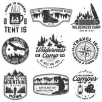Set of outdoor adventure quotes symbol. Concept for shirt or logo, print, stamp or tee. Vintage design with hiking boots, fishing bear, mountains, compass, knife, tent and forest silhouette vector