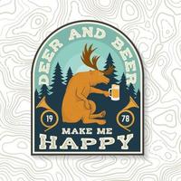 Deer and beer make me happy. Vector. Concept for shirt, print, stamp, badge, tee. Vintage typography design with deer, beer and hunting horn silhouette. Outdoor adventure hunt club emblem vector