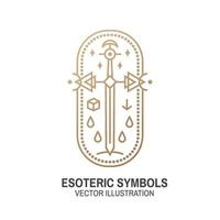 Esoteric symbols. Vector. Thin line geometric badge. Outline icon for alchemy or sacred geometry. Mystic and magic design with Old sword. vector