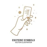 Esoteric symbols. Vector. Thin line geometric badge. Outline icon for alchemy or sacred geometry. Mystic and magic design with hand, stars, planets and moon. vector