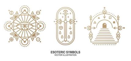 Esoteric symbols. Vector. Thin line geometric badge. Outline icon for alchemy or sacred geometry. Mystic and magic design with all-seeing eye, gate to another world and sword. vector