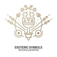 Esoteric symbols. Vector. Thin line geometric badge. Outline icon for alchemy or sacred geometry. Mystic and magic design with cup and snakes. vector