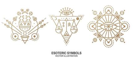 Esoteric symbols. Vector. Thin line geometric badge. Outline icon for alchemy or sacred geometry. Mystic and magic design with all-seeing eye, cup and snakes, law scale. vector