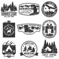 Set of outdoor adventure quotes symbol. Concept for shirt or logo, print, stamp or tee. Vintage design with hiking boots, fishing bear, mountains, binoculars, condor, tent and forest silhouette vector