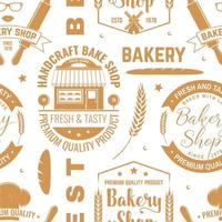 Bakery shop seamless pattern or background. Vector. Seamless bakery pattern with with rolling pin, bakehouse, wheat ears silhouette. Bakery shop texture. vector