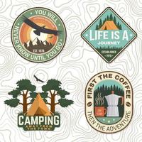 Set of outdoor adventure quotes symbol. Vector. Concept for badge, patch, shirt, logo, print, stamp or tee. Design with condor, camping tent, mountains, coffee and forest silhouette. vector