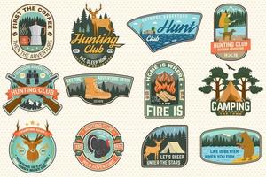 Set of outdoor adventure quotes and Hunting club patches. Vector. Concept for shirt, logo, print, patch. Patch design with hiking boots, mountains, fishing bear, deer, tent, hunter silhouette vector