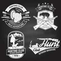 Set of Hunting club badge on the chalkboard. Vector. Concept for shirt, label, print, stamp. Vintage typography design with hunting gun, turkey , hunter, bear, duck, mountains and forest. vector