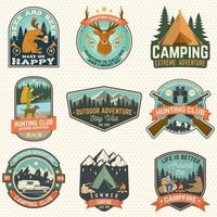 Set of hunting club and hiking club badge. Vector. Concept for shirt, logo, print, stamp. Vintage design with rv trailer, camping tent, boar, deer and forest silhouette