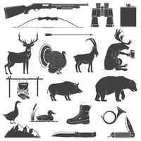 Set of Hunting equipment and animal icon silhouette. Vector. Set include deer, bear, boar, goat, turkey, duck, goose, hunter weapons, knife, mountains isolated on white. vector