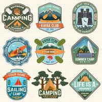 Set of Summer camp badges, patches. Vector. Concept for shirt or logo, print, stamp, patch. Design with camping tent, campfire, knife, binoculars, canoe or kayak and forest silhouette vector