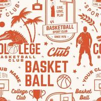 Basketball club seamless pattern or background. Vector. Seamless sport pattern with basketball ball, basket, hoop and player silhouette. Basketball sport club texture. vector