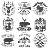 Set of hunting club and outdoor adventure quotes. Vector. Concept for shirt, logo, print, stamp. Vintage design with marshmallow, turkey, bear, deer, tent and forest silhouette
