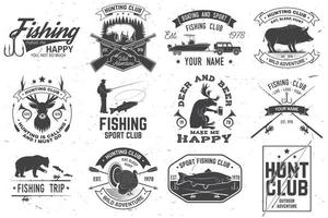 Set of hunting club and fishing club badges. Vector. Concept for shirt, stamp, tee. Design with hunting gun, bear, turkey , deer, camping tent, fish rod, bear. Outdoor adventure club emblem vector