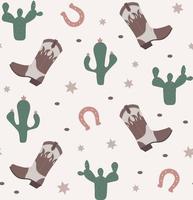 Western elements seamless pattern with cowboy boots, cactuses, horseshoes and sheriff badges. Vector flat style background.