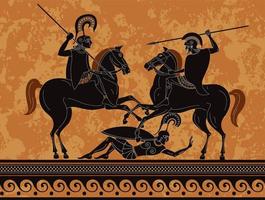 escena del mito antiguo, cerámica de figuras negras, guerrero antiguo y monstruo, vector