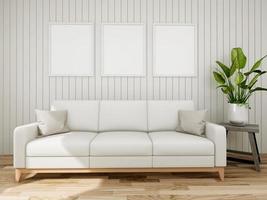 maqueta del marco del póster en el interior moderno del piso de madera en la sala de estar con algunos árboles aislados en un fondo claro, presentación en 3d, ilustración en 3d foto
