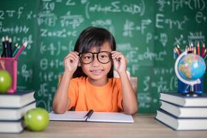 Portrait of smiling schoolgirl sitting at the table with books photo