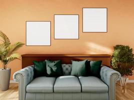 maqueta del marco del póster en el interior moderno del piso de madera en la sala de estar con algunos árboles aislados en un fondo claro, presentación en 3d, ilustración en 3d foto