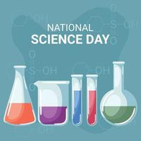 día nacional de la ciencia con matraz erlenmeyer, vaso de precipitados, tubos de ensayo y matraz aforado vector