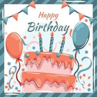 happy birthday greeting card with cake, balloons and confetti