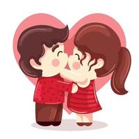 pareja de novios besándose en el día de san valentín con fondo de corazón de estilo de dibujos animados vector