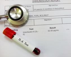 Blood sample tube isolated on abnormal high Interleukin-6 or IL-6 test report. Testing report of a covid-19 positive patient. photo