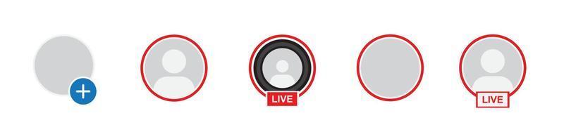 Instagram stories and live streaming icons set. Realistic gradient circle profile frame. Live streaming on social media. New story, live stream, user, blog, live buttons vector