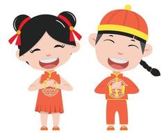 Chinese Kids  cartoon greeting pose vector