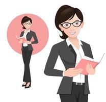 Young female teacher wearing glasses and casual clothes. read a book. vector illustration