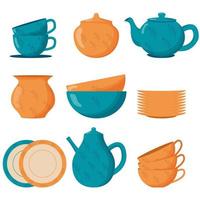 Set ceramic kitchenware. Cute handmade ceramic plates, mugs, sugar bowl, teapots, dishes. Kitchen tools, pottery. Flat vector illustration