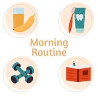 Morning routine fitness, breakfast, bath procedures and day planning. vector