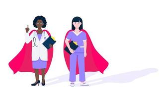 Two doctors with hero cape behind hospital medical employee fight against diseases and viruses on frontline flat style design vector illustration.