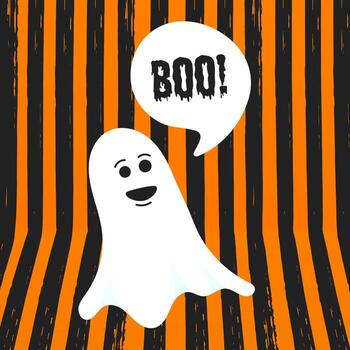 Boo ghost halloween message concept. Flying halloween funny spooky ghost character say BOO with text space in the speech bubble vector illustration isolated on orange striped background.
