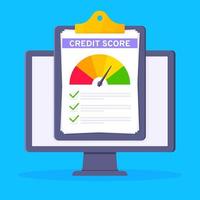 Credit score gauge speedometer indicator with color levels, clipboard and monitor screen. vector