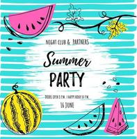 Summer party inspirational motivation postcard lettering text with hand drawn watermelons and colored shapes vector illustration. Summer party flyer or banner concept template. Whole, parts and seeds