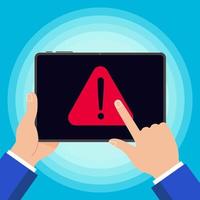 Hands holding black tablet with warning notice symbol icon sign on the screen isolated on background. Pad in human hand vector illustration flat design style. Attention, please.