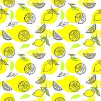 Seamless citrus lemon hand drawn pattern vector illustration isolated on white background. Fruit print, textile pattern or wallpaper with cute elements.