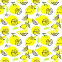 Seamless citrus lemon hand drawn pattern vector illustration isolated on white background. Fruit print, textile pattern or wallpaper with cute elements.