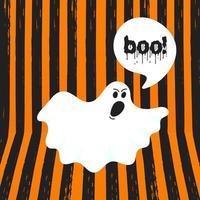 concepto de mensaje de halloween fantasma boo. volando halloween divertido personaje fantasma espeluznante decir boo con espacio de texto en la ilustración de vector de burbuja de voz aislado sobre fondo de rayas naranja.