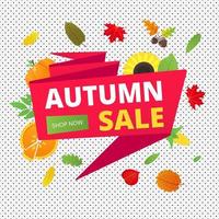 Autumn sale vector banner or poster gradient flat style design vector illustration. Huge red ribbon with text AUTUMN SALE, colored leaves, pumpkin, sunflower, pie and corn isolated on fun background.