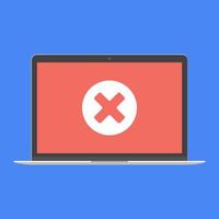 Modern device - laptop, computer or netbook pc flat design with check mark cross x on the screen icon vector illustration. No keybord technology concept of error on screen isolated on blue background