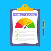 Credit score gauge speedometer indicator with color levels on clipboard. vector