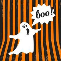 concepto de mensaje de halloween fantasma boo. volando halloween divertido personaje fantasma espeluznante decir boo con espacio de texto en la ilustración de vector de burbuja de voz aislado sobre fondo de rayas naranja.