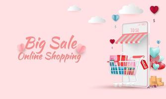 banner de venta de feliz día de san valentín o promoción sobre fondo azul. tienda de compras en línea con dispositivos móviles, tarjetas de crédito y elementos de tienda. ilustración vectorial vector